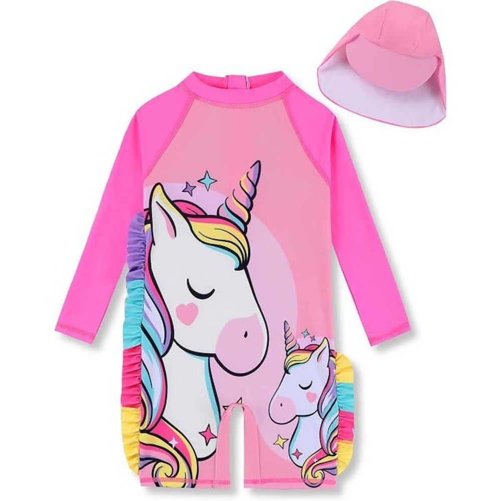 Girls Long Sleeve Rashguard One Piece Swimsuit Unicorn Pink Ruffles Hat Size 4Y